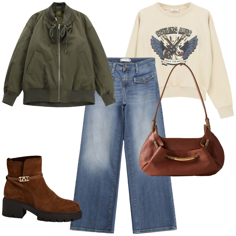 Outfit donna - City. Stile Casual chic per Tutti i giorni. Abbinamento con stivaletti, jeans, bomber, felpe, borse a spalla.