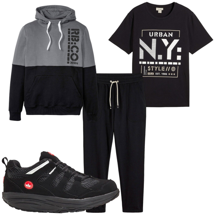 Outfit uomo - Sportivo in grigio e nero. Stile Urban per Tutti i giorni. Abbinamento con pantaloni sportivi, felpe con cappuccio, sneakers, t-shirt.