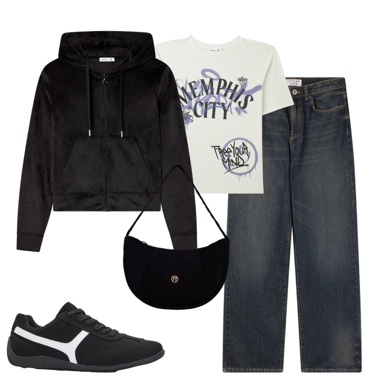 Outfit donna - Total look #2273105. Stile Casual per Tutti i giorni. Abbinamento con sneakers, t-shirt, jeans dritti, felpe con cappuccio, borse a mano.