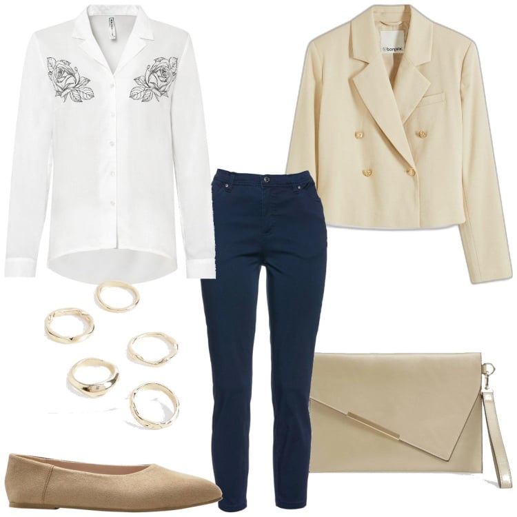 Outfit femme - En soirée en automne. Style Basique pour Soirée dehors. Assortir avec chemisiers, pantalon , ballerines, blazers, bagues, pochette.