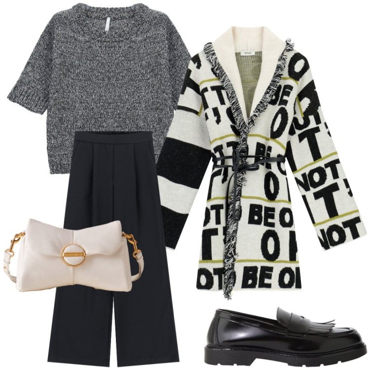 Outfit donna - Da mattina a sera. Stile Casual chic per Tutti i giorni. Abbinamento con maglieria, cardigans, pantaloni a palazzo, mocassini, pochette.