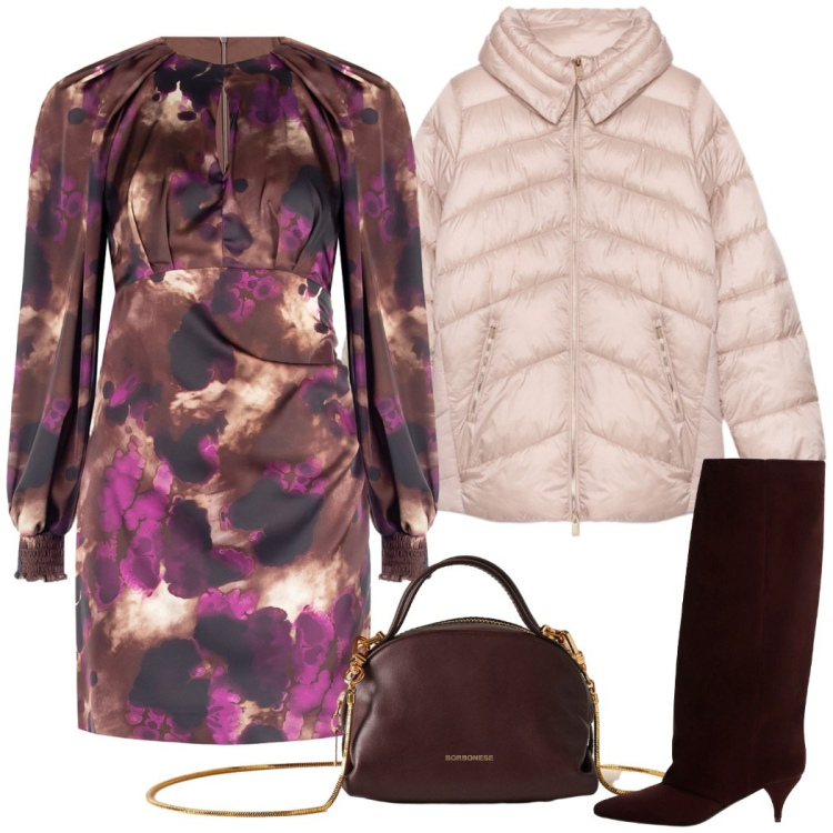 Outfit donna - Total look #2273114. Stile Chic per Serata fuori. Abbinamento con borse a mano, vestiti corti, stivali, piumini.