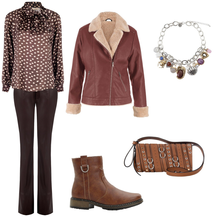 Outfit donna - Mille sfumature di marrone. Stile Casual per Tutti i giorni. Abbinamento con bomber, stivaletti, borse a spalla, pantaloni, bluse, braccialetti con ciondoli.