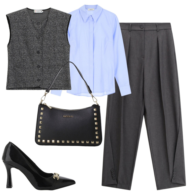 Outfit donna - Total look #2273116. Stile Urban per Tutti i giorni. Abbinamento con gilet, pochette, décolleté, pantaloni, camicie.