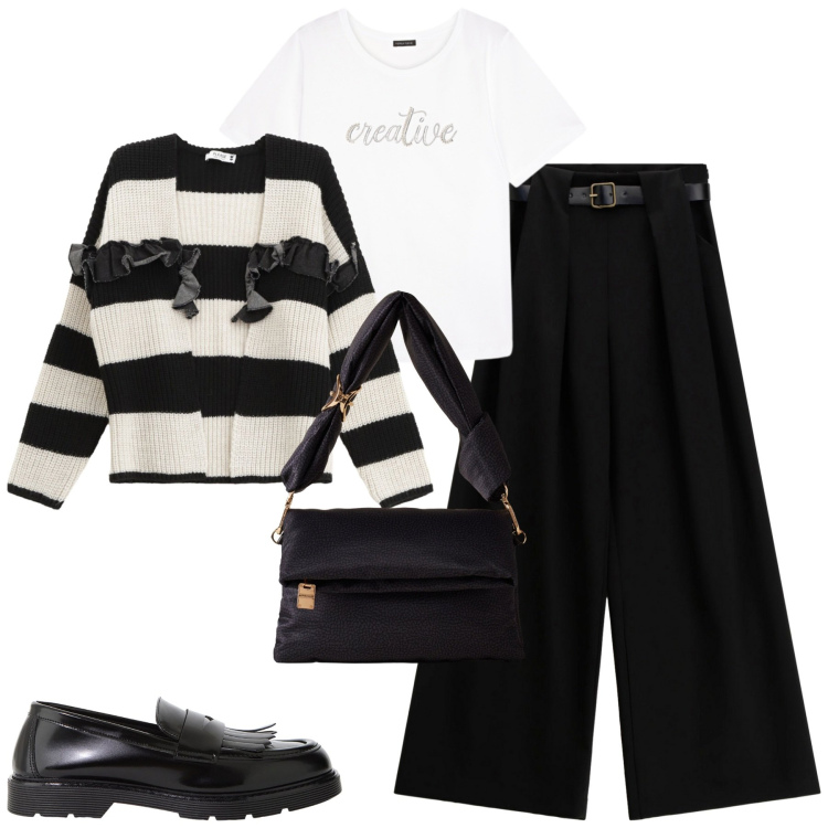 Outfit donna - Total look #2273117. Stile Urban per Tutti i giorni. Abbinamento con cardigans, mocassini, pantaloni a palazzo, borse a tracolla, t-shirt.
