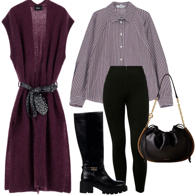 Outfit donna - Di giorno con la camicia. Stile Casual chic per Ufficio. Abbinamento con stivali sopra il ginocchio, camicie, gilet, pantaloni skinny, borse a spalla.