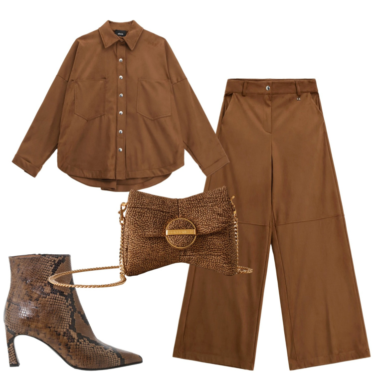 Outfit donna - Dixie. Stile Casual chic per Tutti i giorni. Abbinamento con stivaletti, pantaloni a palazzo, camicie, pochette.