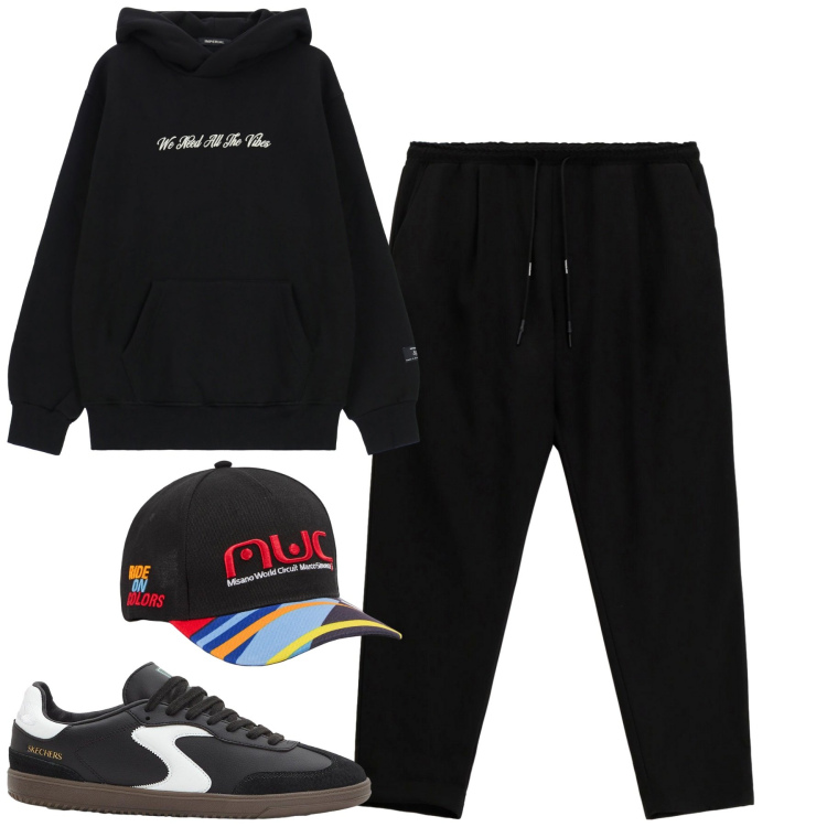 Outfit uomo - Total look #2273121. Stile Casual per Tutti i giorni. Abbinamento con sneakers, cappelli, felpe con cappuccio, pantaloni.