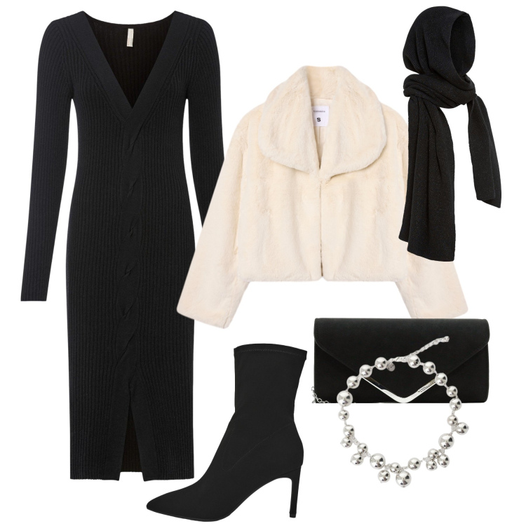 Outfit donna - Chic low cost. Stile Chic per Serata fuori. Abbinamento con vestiti, sciarpe, pochette, stivali, ecopellicce, collane.