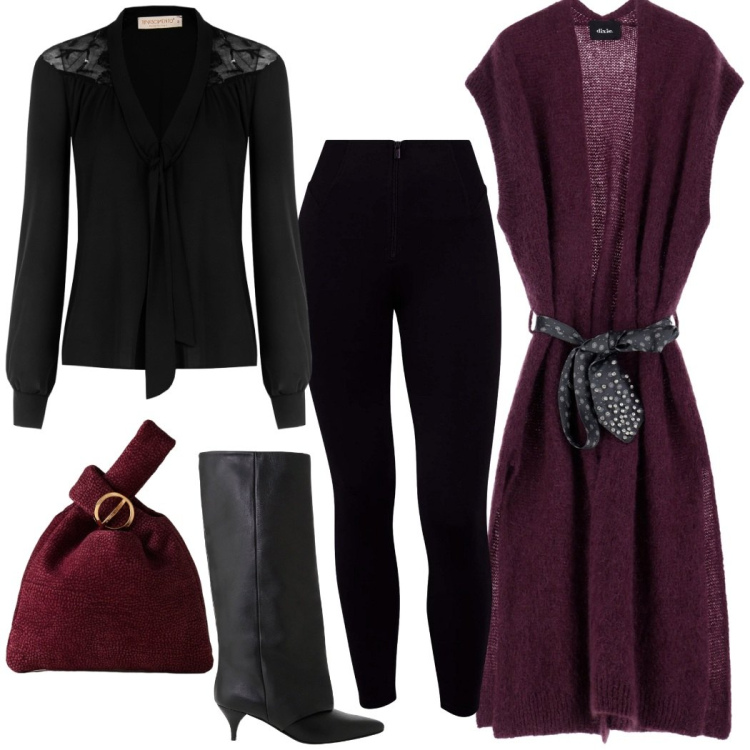 Outfit donna - Il gilet prugna anche di sera. Stile Chic per Serata fuori. Abbinamento con bluse, pantaloni skinny, gilet, stivali, borse a mano.