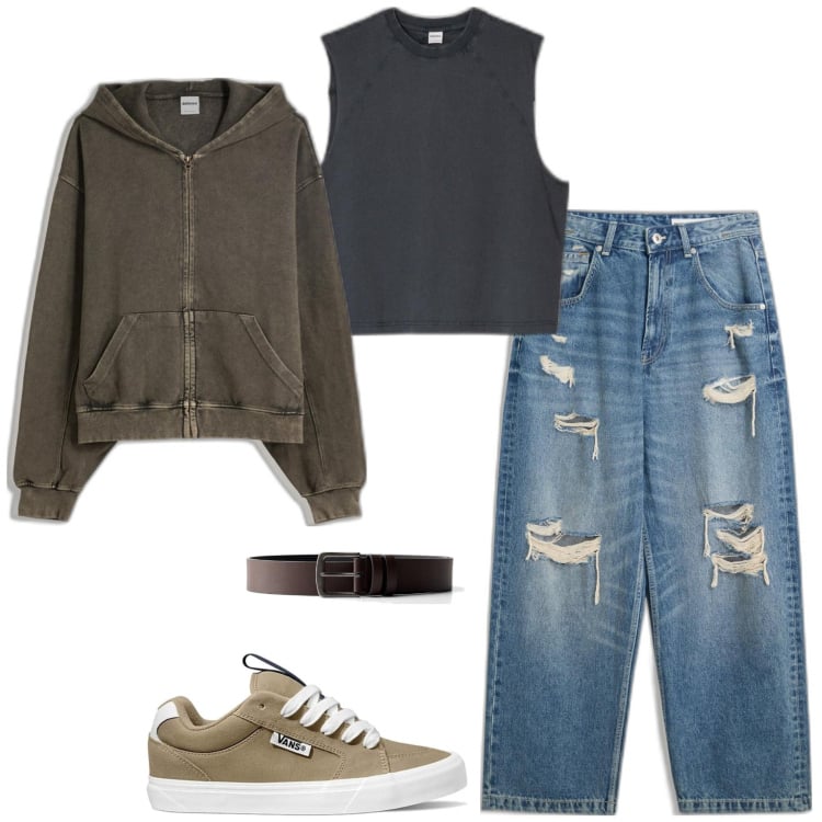 Outfit hombre - Urban #5230. Estilo Urban para Todos los días. Combinación con sudaderas, vaqueros rotos, camisetas sin mangas, cinturones, sneakers.