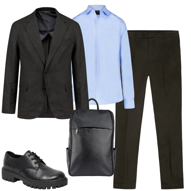 Outfit uomo - City. Stile Business/Elegante per Tutti i giorni. Abbinamento con scarpe stringate, camicie, giacche, pantaloni chino, borse sportive.