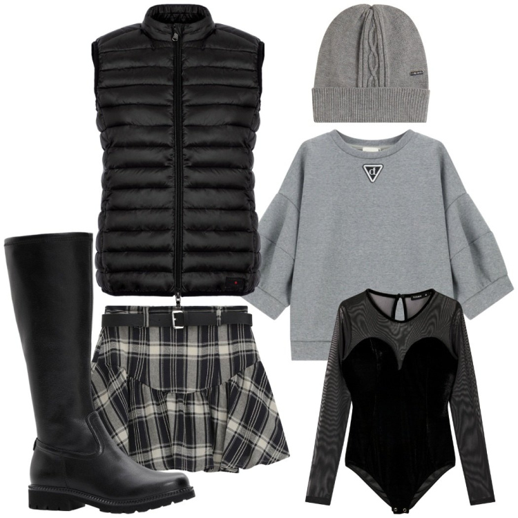 Outfit donna - Preppy style. Stile Preppy per Tutti i giorni. Abbinamento con stivali, piumini, body, felpe, minigonne, berretti.