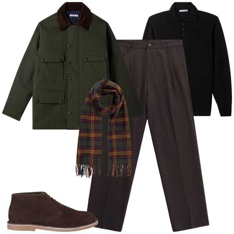 Outfit uomo - City. Stile Urban per Tutti i giorni. Abbinamento con eskimo, maglieria, pantaloni, stivali e stivaletti, sciarpe.