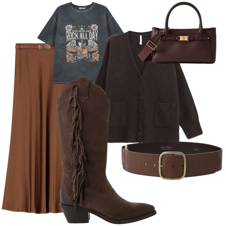 Outfit donna - Cowboy. Stile Vintage retrò per Serata fuori. Abbinamento con gonne lunghe, cardigans, cinture, stivali, t-shirt, borse a mano.