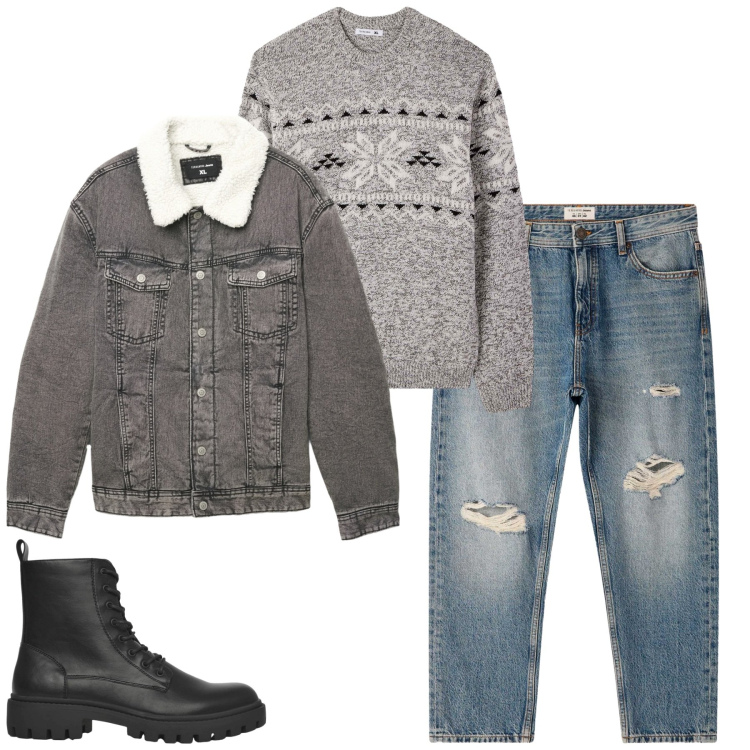 Outfit uomo - Total look #2273134. Stile Casual per Tutti i giorni. Abbinamento con maglieria, anfibi, jeans strappati, cappotti.