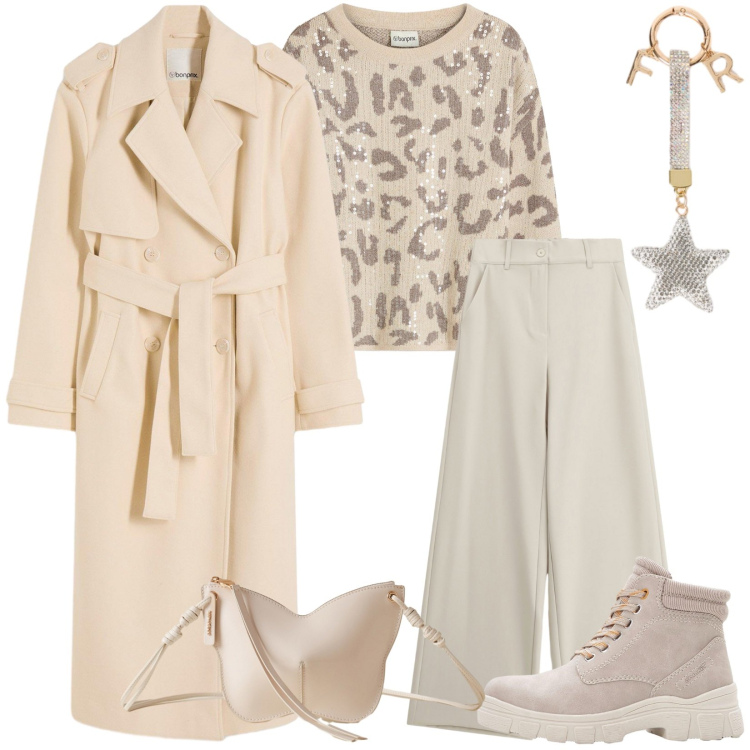 Outfit donna - Total look #2273137. Stile Casual chic per Tutti i giorni. Abbinamento con maglieria, stivaletti, trench, pantaloni a palazzo, borse a tracolla, portachiavi.