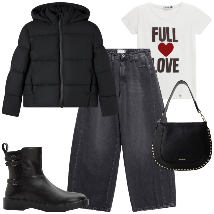 Outfit donna - Total look #2273140. Stile Casual per Tutti i giorni. Abbinamento con stivaletti, bomber, jeans, t-shirt, borse a spalla.