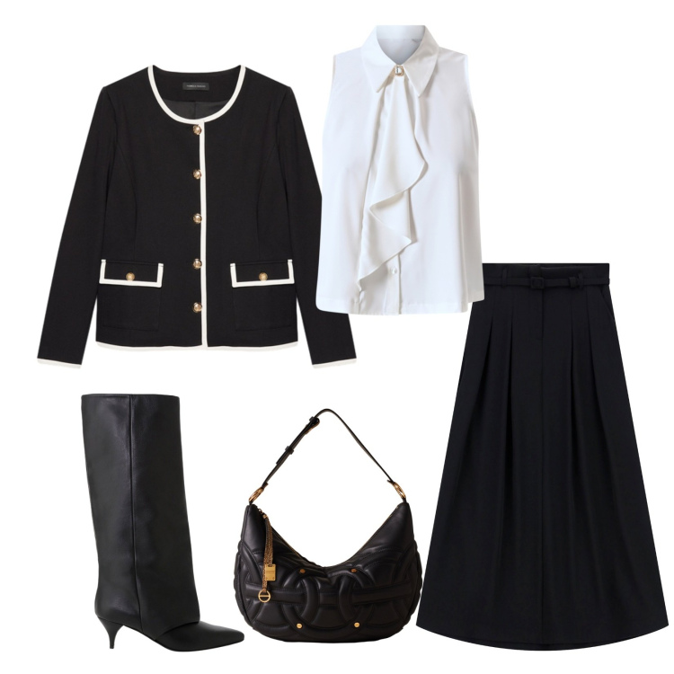 Outfit donna - Total look #2273141. Stile Bon Ton per Serata fuori. Abbinamento con camicie, gonne lunghe, stivali, borse a spalla, blazer.