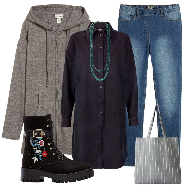 Outfit donna - Anfibi romantici. Stile Urban per Scuola/Università. Abbinamento con jeggings, stivali, cardigans, shopping bag, vestiti chemisier, collane.