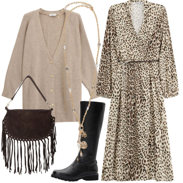 Outfit donna - Total look #2273151. Stile Etnico per Tutti i giorni. Abbinamento con stivali, vestiti midi/longuette, borse a tracolla, cardigans, ciondoli.