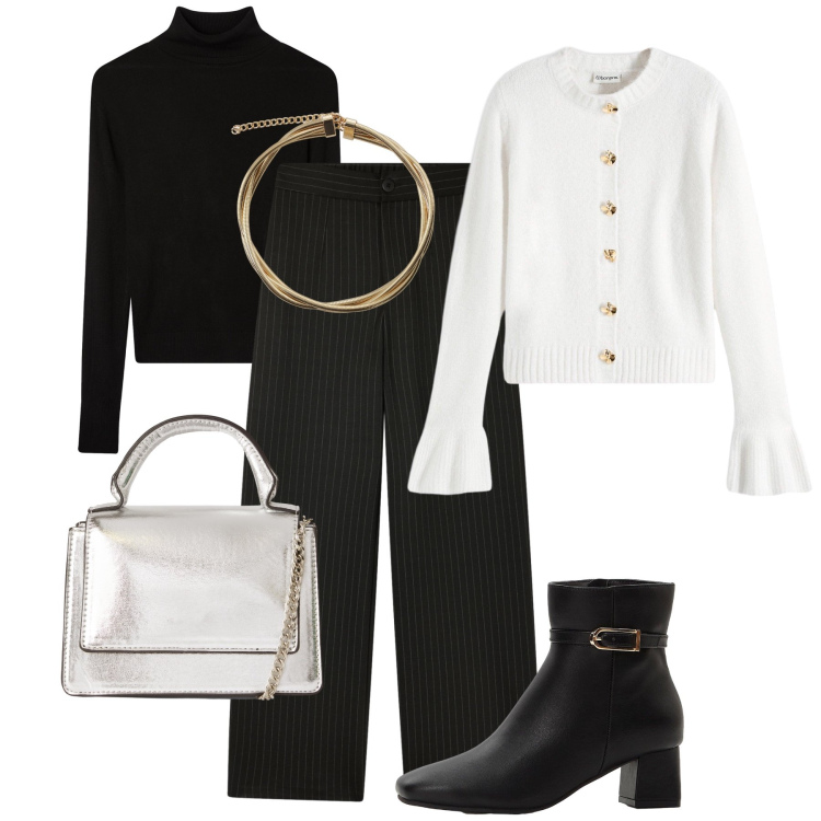 Outfit donna - Il cardigan “gioiello”. Stile Glamour per Ufficio. Abbinamento con cardigans, stivaletti, pantaloni, maglieria, borse a tracolla, collane.