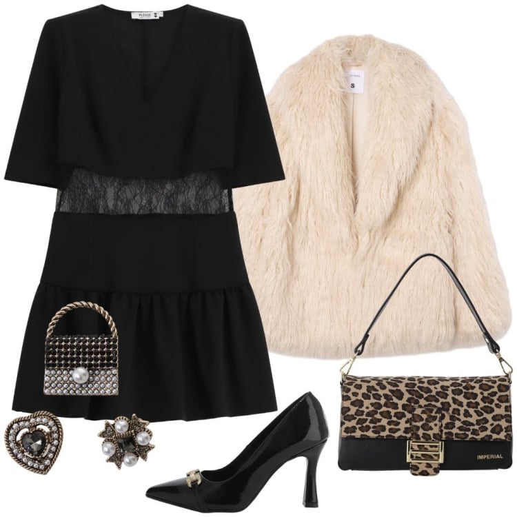 Outfit donna - Capodanno. Stile Chic per Serata fuori. Abbinamento con ecopellicce, vestiti corti, borse a spalla, décolleté, accessori per capelli.