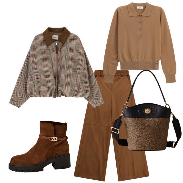 Outfit donna - Total look #2273155. Stile Casual chic per Ufficio. Abbinamento con stivaletti, pantaloni a palazzo, pullovers, bomber, borse a secchiello.