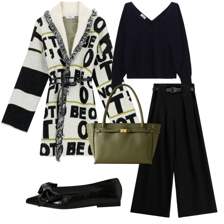 Outfit donna - A pranzo con le amiche. Stile Casual chic per Tutti i giorni. Abbinamento con ballerine, cardigans, pantaloni a palazzo, maglieria, shopping bag.