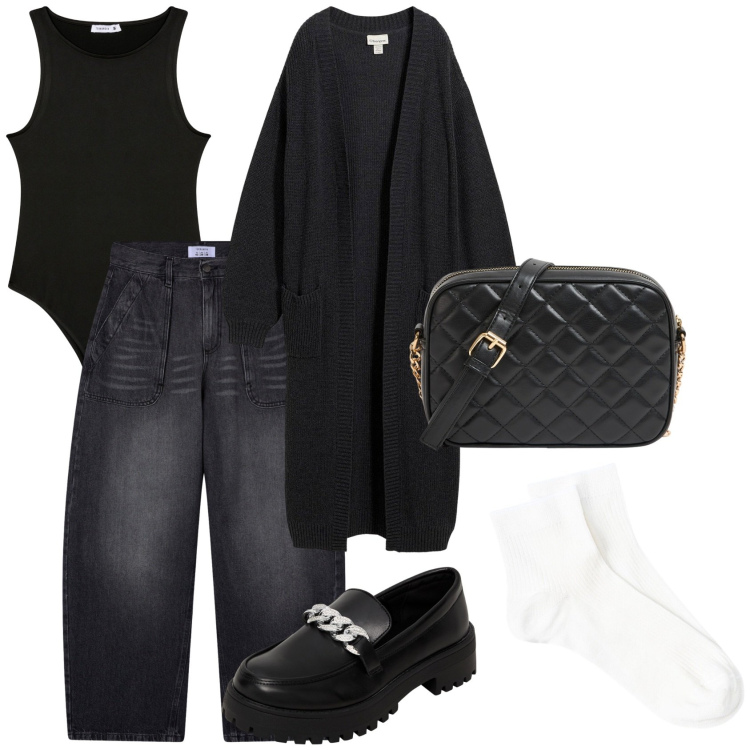 Outfit donna - Total look #2273158. Stile Chic per Serata fuori. Abbinamento con cardigans, mocassini, borse a tracolla, body, jeans, calzini.