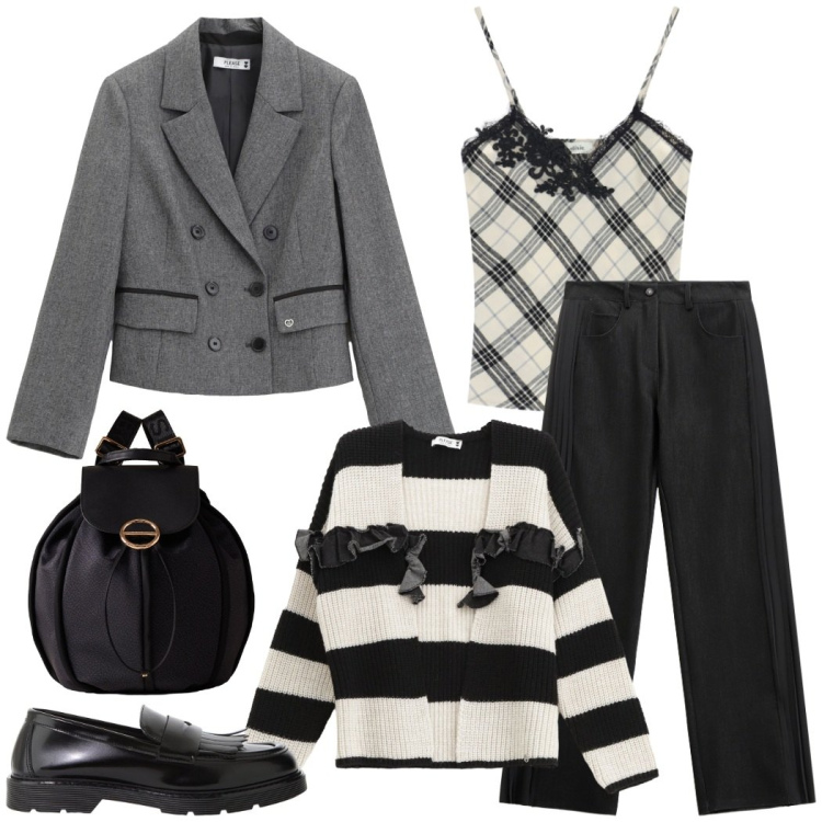 Outfit donna - Urban style. Stile Chic per Tutti i giorni. Abbinamento con cardigans, blazer, mocassini, top, zaini, jeans.
