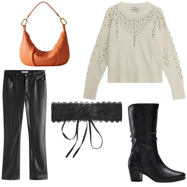 Outfit donna - Pranzo domenicale. Stile Casual per Tutti i giorni. Abbinamento con pantaloni, stivali, cinture, maglieria, borse a spalla.