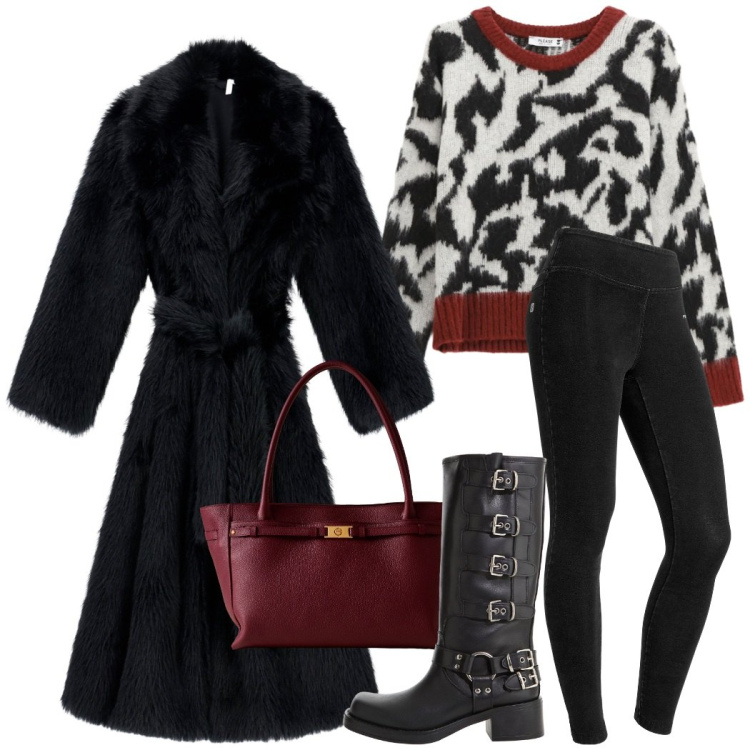 Outfit donna - A lavoro. Stile Casual chic per Ufficio. Abbinamento con jeggings, pullovers, cappotti, stivali, shopping bag.