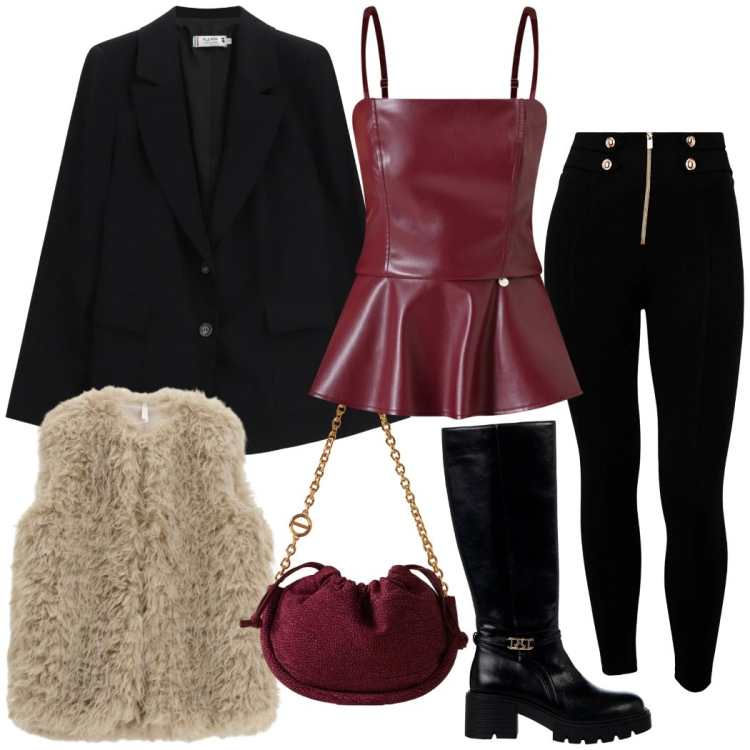 Outfit donna - Sera di festa. Stile Glamour per Serata fuori. Abbinamento con stivali sopra il ginocchio, top, blazer, ecopellicce, pantaloni skinny, borse a spalla.