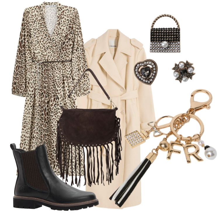 Outfit donna - Autunno grintoso. Stile Casual chic per Tutti i giorni. Abbinamento con trench, stivaletti chelsea, vestiti midi/longuette, accessori per capelli, borse a tracolla, portachiavi.