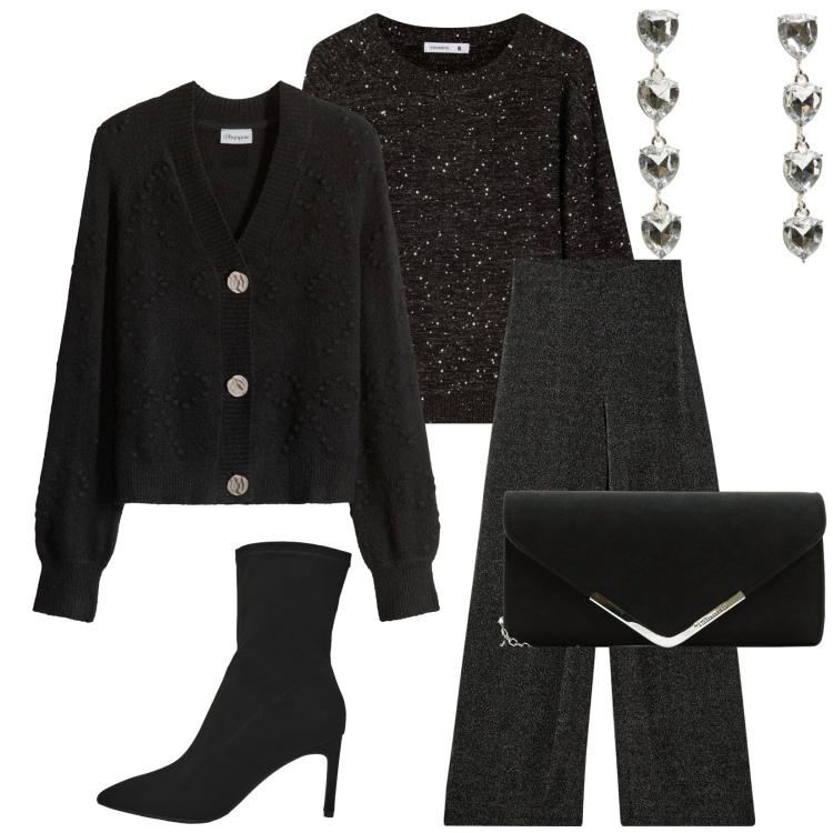 Outfit donna - Total look #2273169. Stile Minimal per Serata fuori. Abbinamento con cardigans, pochette, maglieria, pantaloni, orecchini, stivali.