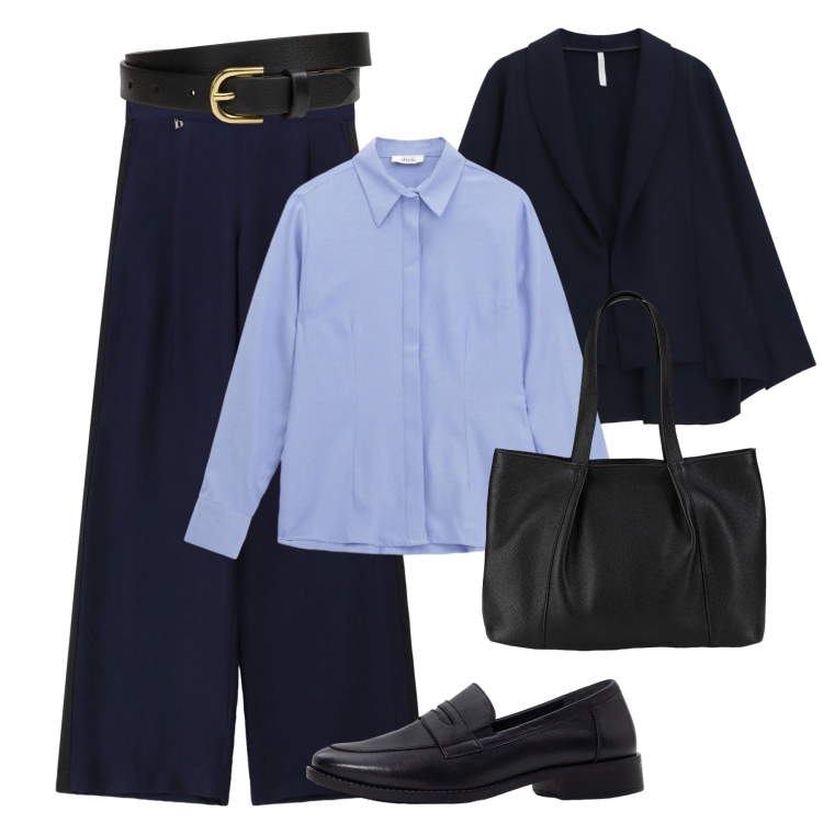 Outfit donna - Pranzo di lavoro blu e nero. Stile Mannish per Ufficio. Abbinamento con shopping bag, cinture, mocassini, blazer, camicie, pantaloni a palazzo.