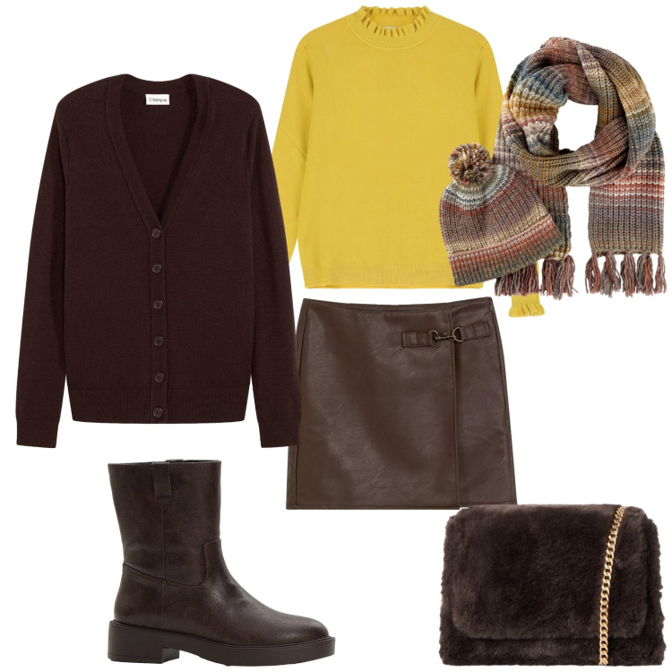 Outfit donna - Total look #2273172. Stile Casual chic per Tutti i giorni. Abbinamento con sciarpe, stivaletti, cardigans, gonne, borse a tracolla, maglieria.