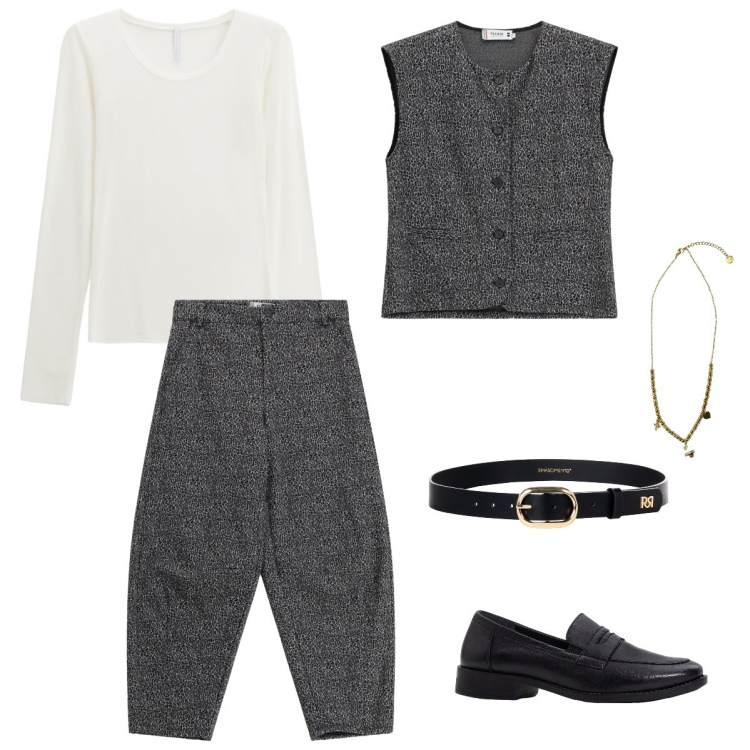 Outfit donna - Dandy chic. Stile Casual chic per Ufficio. look ideale per Petite. Abbinamento con mocassini, cinture, gilet, pantaloni, t-shirt, ciondoli.