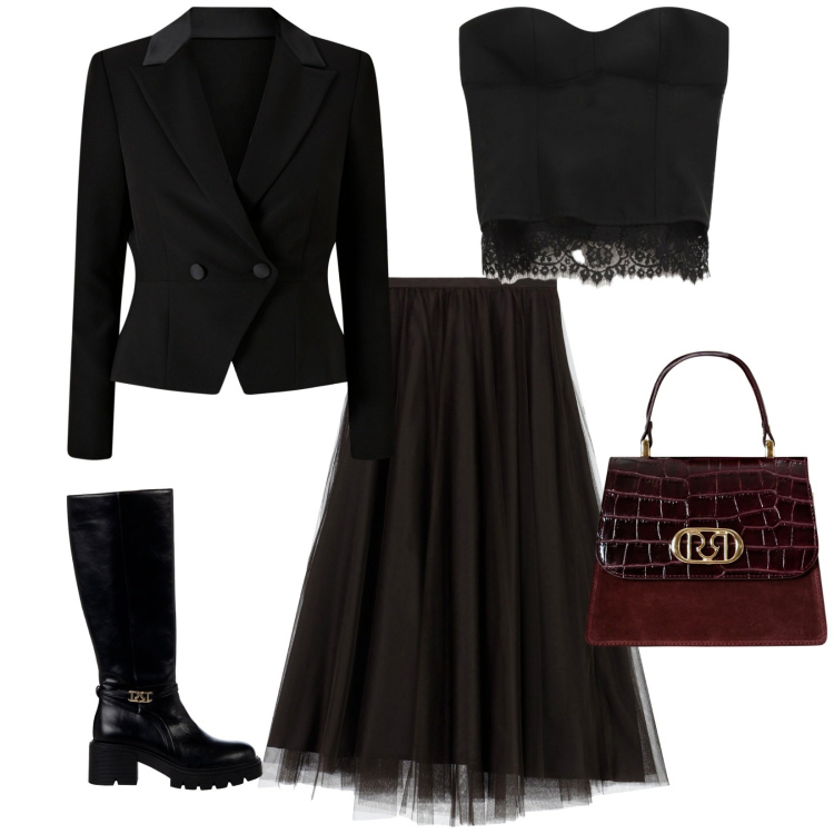 Outfit donna - Total look #2273177. Stile Glamour per Serata fuori. Abbinamento con blazer, stivali sopra il ginocchio, borse a mano, gonne lunghe, top.