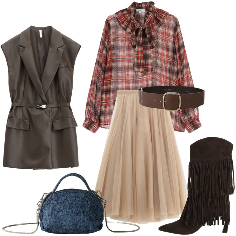 Outfit donna - Stili e tessuti a contrasto. Stile Casual chic per Tutti i giorni. Abbinamento con bluse, gilet, gonne lunghe, cinture, stivali, borse a mano.