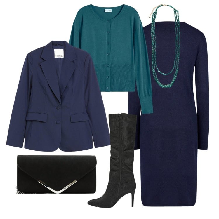 Outfit donna - Total look #2273180. Stile Casual chic per Serata fuori. Abbinamento con cardigans, blazer, pochette, stivali, vestiti midi/longuette, collane.