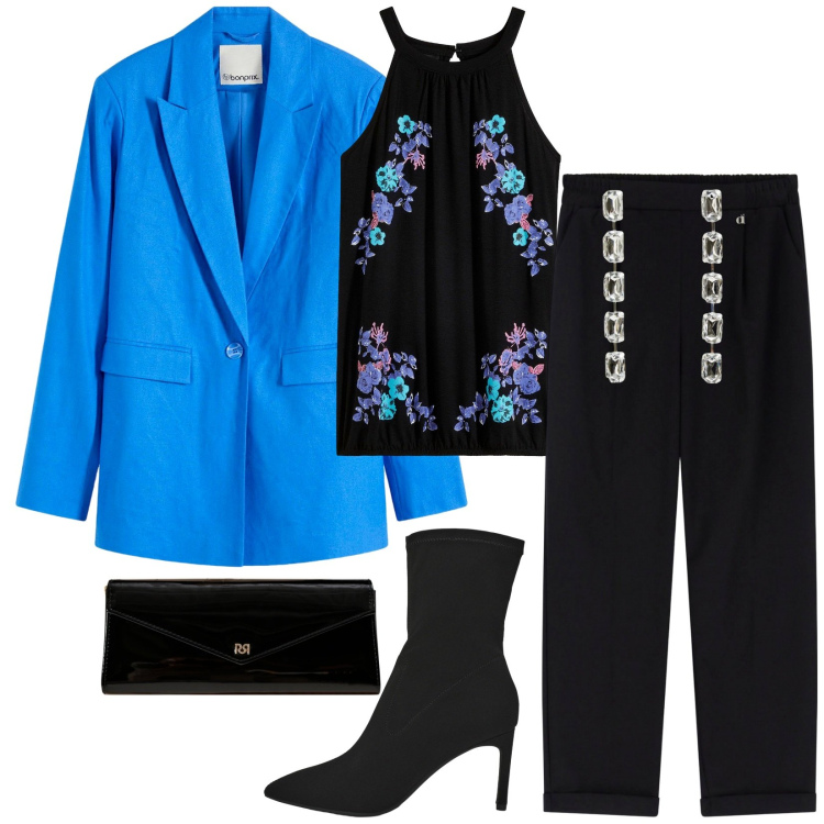 Outfit donna - Total look #2273181. Stile Casual chic per Serata fuori. Abbinamento con top, blazer, orecchini, stivali, pochette, pantaloni.