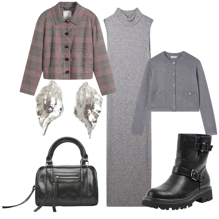 Outfit donna - Total look #2273185. Stile Casual chic per Tutti i giorni. Abbinamento con cappotti, vestiti senza maniche, stivaletti, borse a mano, cardigans, orecchini.