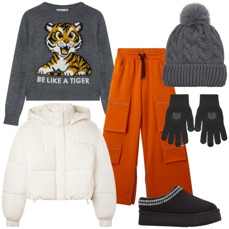 Outfit donna - Pronta per l\'inverno. Stile Casual per Scuola/Università. Abbinamento con stivaletti, pantaloni, bomber, berretti, maglieria, guanti.