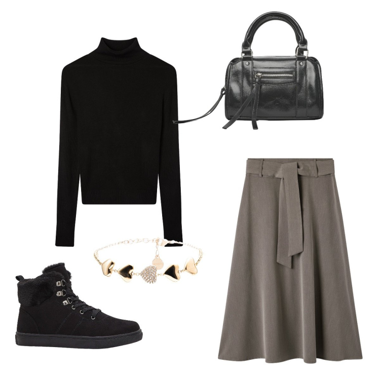 Outfit donna - Easy peacy. Stile Casual chic per Tutti i giorni. Abbinamento con sneakers alte, borse a mano, gonne lunghe, maglieria, braccialetti.