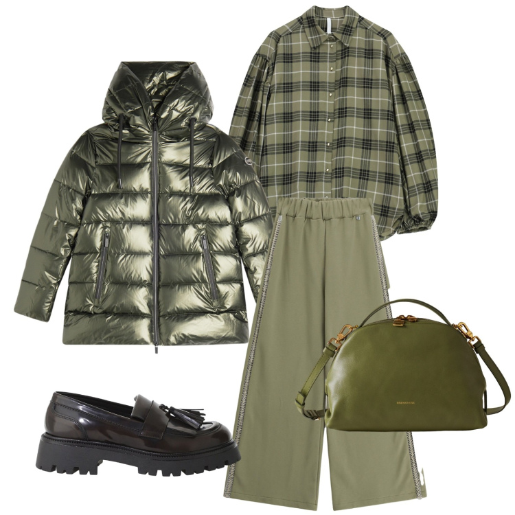 Outfit donna - Total look #2273188. Stile Casual chic per Tutti i giorni. Abbinamento con borse a mano, pantaloni a palazzo, mocassini, camicie, piumini.