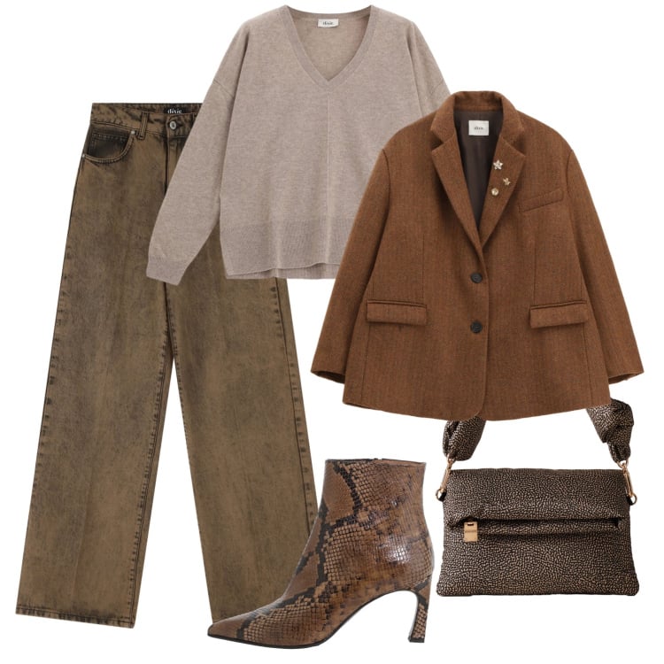 Outfit donna - Look rilassato. Stile Urban per Tutti i giorni. Abbinamento con jeans, stivaletti, maglieria, blazer, borse a tracolla.