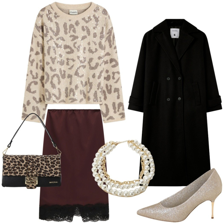 Outfit donna - Serata fuori. Stile Chic per Serata fuori. Abbinamento con maglieria, cappotti, décolleté, borse a spalla, gonne longuette, collane.