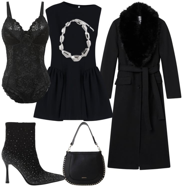 Outfit donna - Le streghe non fan più paura!. Stile Sexy per Serata fuori. Abbinamento con body, cappotti, vestiti corti, stivaletti, borse a spalla, ciondoli.